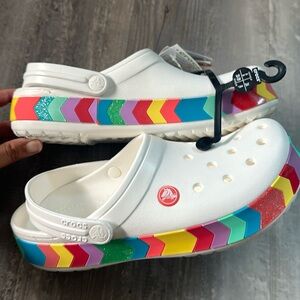 New with tags white Crocs with multicolor crocband